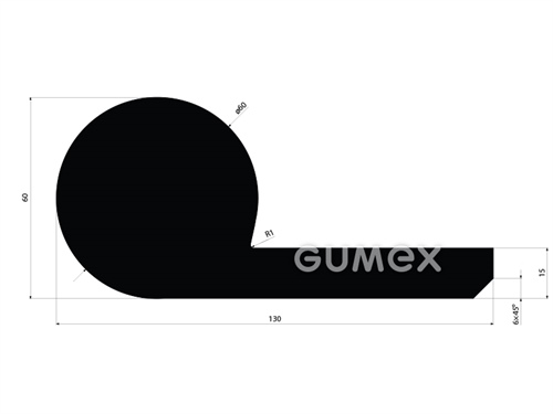 Gumový profil pre vodné diela tvaru "P", 130x60/15mm, 65°ShA, SBR, -40°C/+70°C, čierny